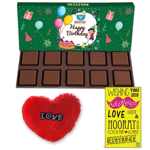  BOGATCHI Chocolates Happy Birthday Heart Chocolates Box,10 pcs + Free Happy Birthday Card + Free Fur Heart